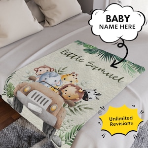 Personalized Safari Themed Baby Swaddle Blanket with Name, 1st Birthday Gift, Cute Animal Print, Elephant, Giraffe,Cute Lion, Cute Monkey