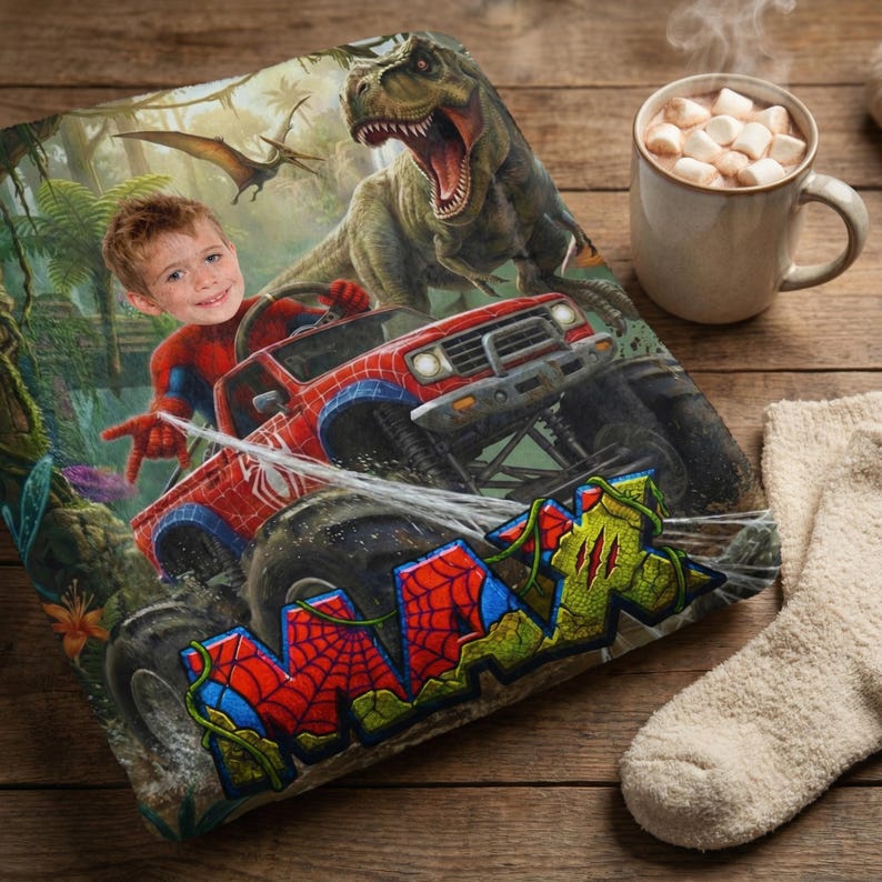 May include: A personalized blanket featuring a child's face superimposed on a Spider-Man-themed monster truck design, with a Tyrannosaurus Rex and jungle background. The blanket has the name "MAX" in a graffiti style. A mug of hot chocolate and a pair of socks are also visible.