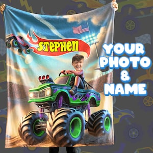 Personalized Monster Truck Blanket with Name & Photo - Custom Kids Gift, Adventure Blanket for Boys, Unique Birthday Gift or Present