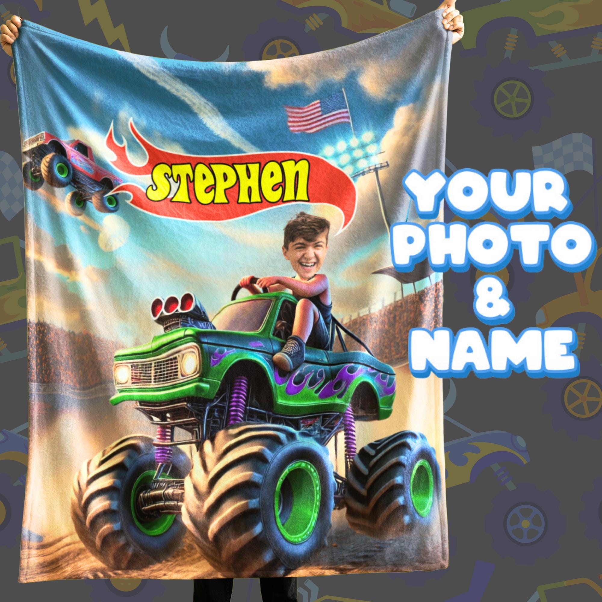 Personalized Monster Truck Blanket with Name & Photo - Custom Kids Gift, Adventure Blanket for Boys, Unique Birthday Gift or Present