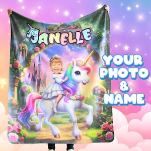 Personalized Unicorn Blanket with Name & Photo - Custom Kids Fairy Tale Throw, Magical Gift for Girls, Cozy Sherpa, Minky, or Plush Blanket