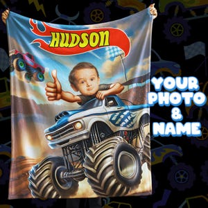 Customized Monster Truck Blanket with Name & Photo - Personalized Kids Gift, Adventure Blanket for Boys, Unique Birthday Gift or Present