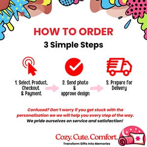 May include: Graphic with the text "HOW TO ORDER" and "3 Simple Steps." The steps are illustrated with icons: a cursor, a checkmark, and a delivery truck. The image also includes the brand name "Cozy. Cute. Comfort."