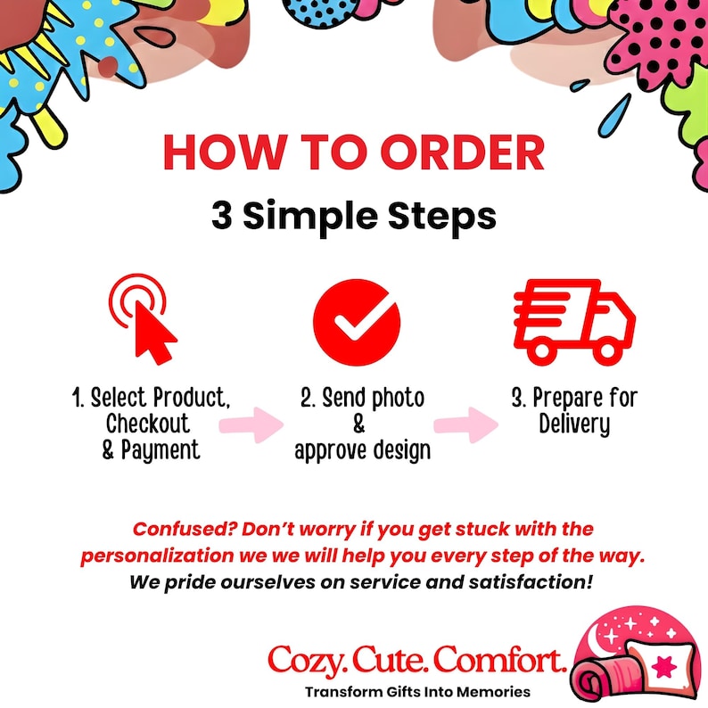 May include: Graphic with the text "HOW TO ORDER" and "3 Simple Steps." The steps are illustrated with icons: a cursor, a checkmark, and a delivery truck. The image also includes the brand name "Cozy. Cute. Comfort."