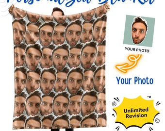 May include: A personalized blanket with a repeating pattern of a person's face. The blanket is beige and the face is a close-up of a man with brown hair and a beard. The text "Your Photo" appears twice on the image. The text "Unlimited Revision" appears in a yellow speech bubble.