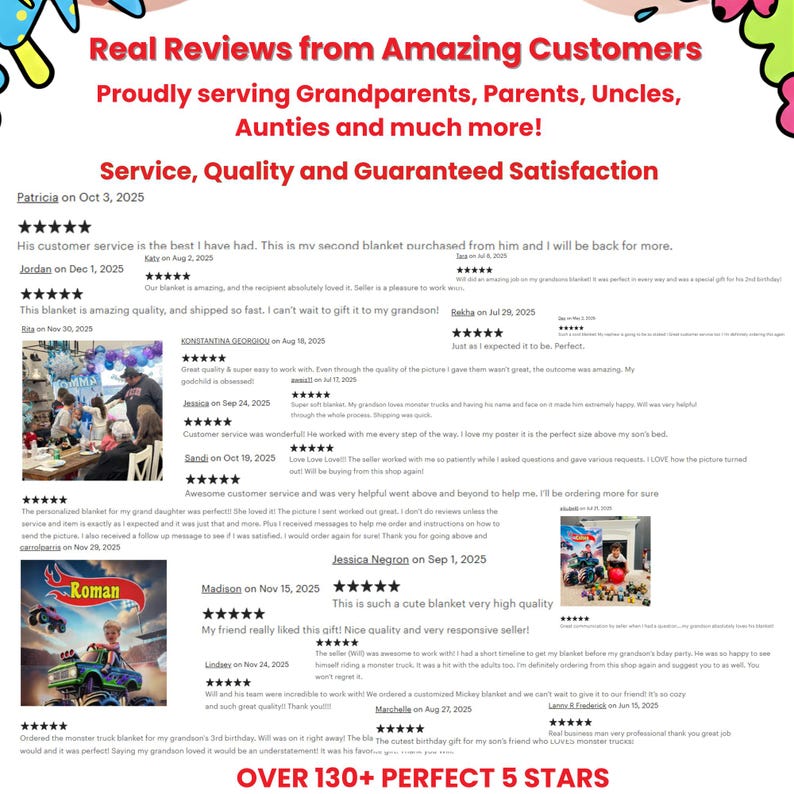 May include: Image featuring customer reviews with a five-star rating, praising service, quality, and satisfaction. Text includes "Real Reviews from Amazing Customers" and "Over 130+ Perfect 5 Stars."