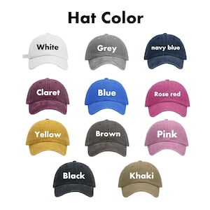 May include: A collection of baseball caps in various colors, including white, grey, navy blue, claret, blue, rose red, yellow, brown, pink, black, and khaki. Each cap has the color name printed on it.