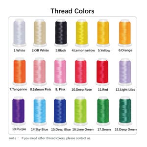 May include: A color chart displaying 18 spools of thread in various colors, including white, black, yellow, orange, pink, red, purple, blue, and green. The text "Thread Colors" is at the top, with color names and numbers below each spool.