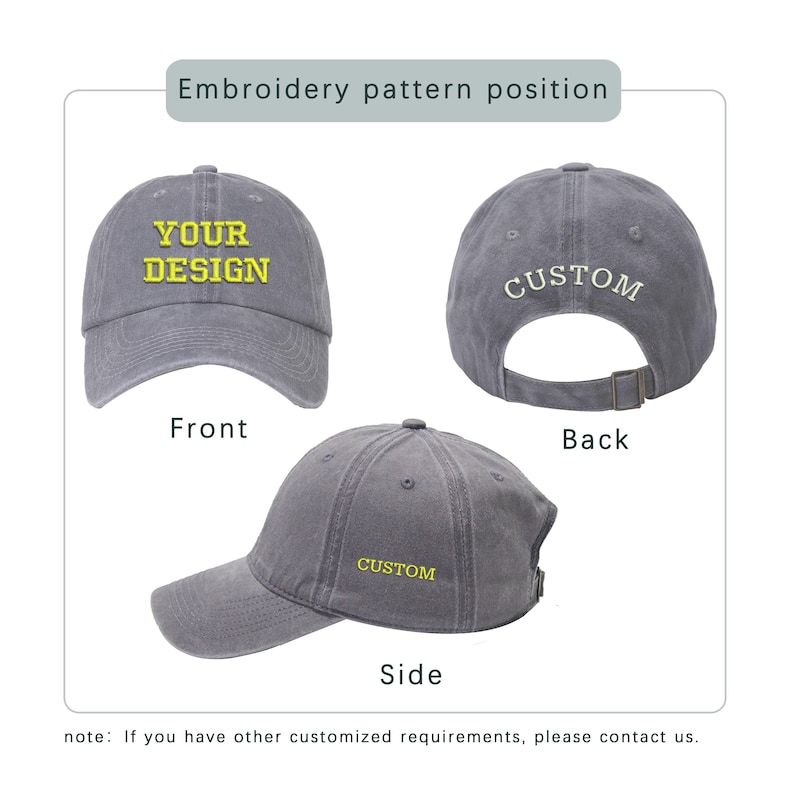 May include: A gray baseball cap with the text "YOUR DESIGN" in yellow on the front, "CUSTOM" on the back, and "CUSTOM" on the side. The cap has a curved brim and an adjustable strap.