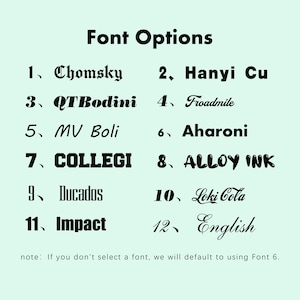 May include: A light green background displays a list of font options. The text "Font Options" is at the top. Twelve font styles are numbered and named, including "Chomsky", "Impact", and "English". A note at the bottom states the default font if none is selected.