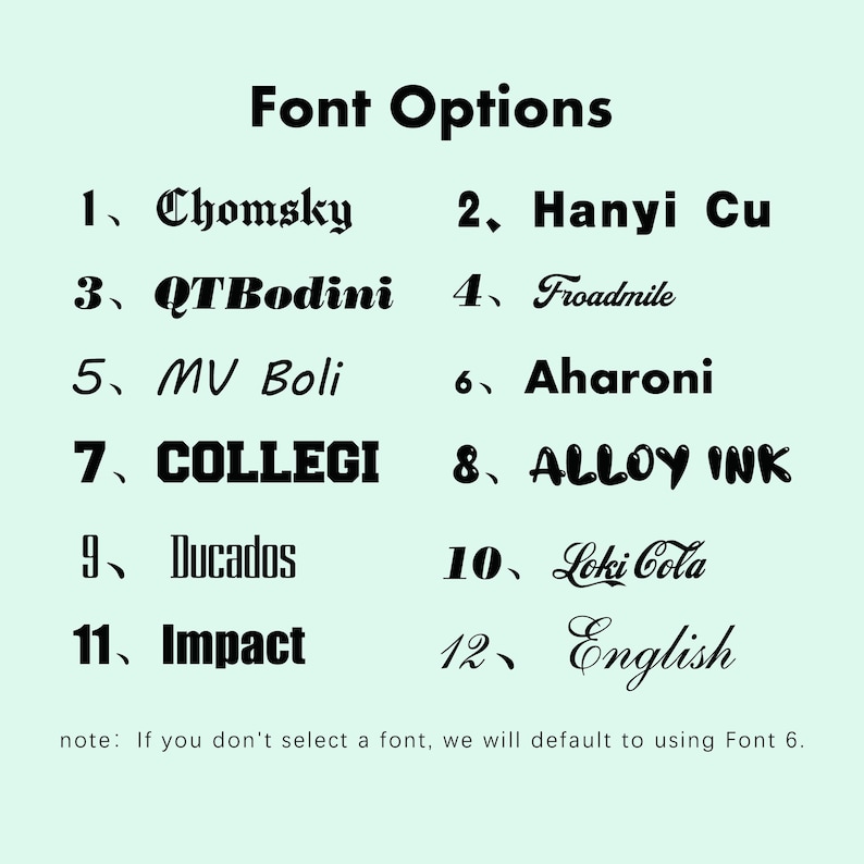 May include: A light green background displays a list of font options. The text "Font Options" is at the top. Twelve font styles are numbered and named, including "Chomsky", "Impact", and "English". A note at the bottom states the default font if none is selected.
