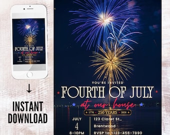 Editable 4th of July Birthday BBQ Patriotic Invitation, Fireworks viewing party editable template