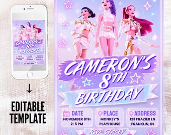 KPop Demon Hunters Birthday Invitation, Editable K-Pop Party Invite, Girls Birthday Canva Template, Digital Animated Birthday Invite