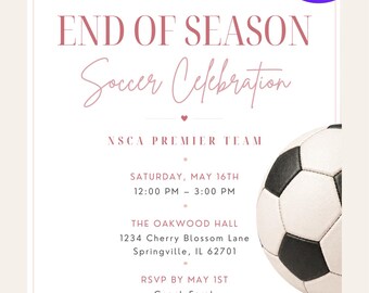 End of Season Soccer Invite, Pink Aesthetic Soccer Party Invitation, Editable Canva Invite, Clean Girl Team Celebration