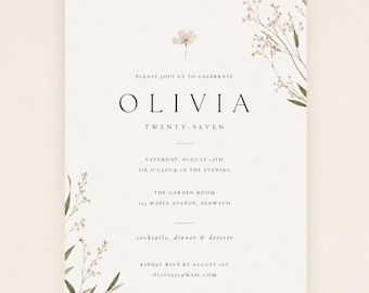 Animated Clean Girl Birthday Invitation Template, Minimal Botanical Birthday Invite, Elegant Editable Canva Birthday, Soft Neutral Floral