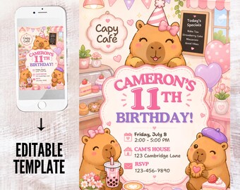 Cute Kawaii Capybara Birthday Invitation. It's a Capy Birthday! Pastel Boba Party Invite, Editable Canva Template, Girl Birthday Invitation