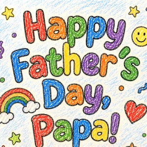 Peut inclure: Une carte de vœux avec le texte "Happy Father's Day, Papa!" écrit dans un style de lettrage au crayon de couleur. Le design comprend des illustrations dessinées à la main d'un arc-en-ciel, d'un cœur rouge, d'étoiles jaunes et d'un smiley jaune.
