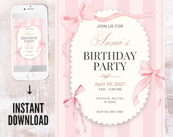 Pink Aesthetic Birthday Invitation | Pink Bow Invite | Editable Template | Coquette | Preppy Aesthetic | LoveShackFancy Aesthetic
