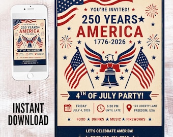 250th America Anniversary Invitation Template, 4th of July Party Invite, Independence Day Invitation, Editable Canva, Digital Download