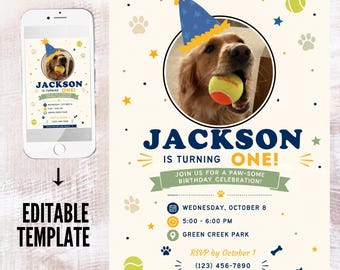 Pet Birthday Invitation Template, Puppy First Birthday Invite, Editable Photo Dog Party Invite, Paw-some Birthday Canva Invitation