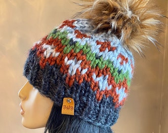 Ready To Mail Fair Isle Womans Knit Hat Charcoal Rust Gray Color Knit Beanie Men Women BeanieFair Isle  Hat Slouchy Tam Beret Knit Hat