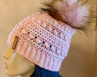 Ready To Mail Womens crochet pink pompom hat. Beanie Men Women Beanie Hat Slouchy Tam Beret crochet Hat