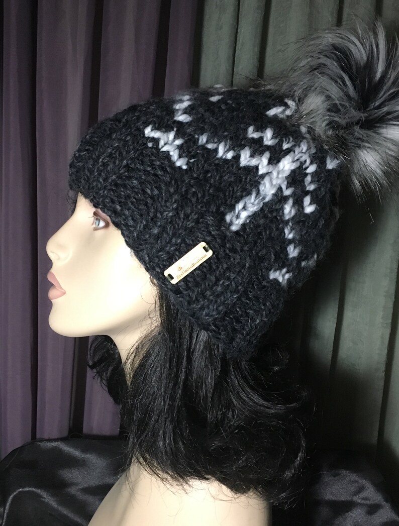 Knit Hat Beanie Toque Fair Isle Tree Pom Pom Womens Pom Hat Etsy