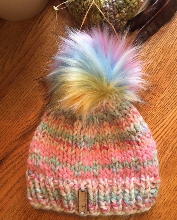 Rainbow Pompom Kids Knit Hat Pom Pom Knit Beanie Pom Hat knit Etsy