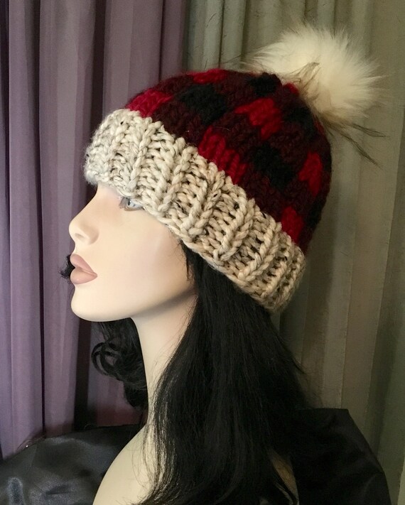 Buffalo Plaid Knit Beanie Toque Hat Pom 