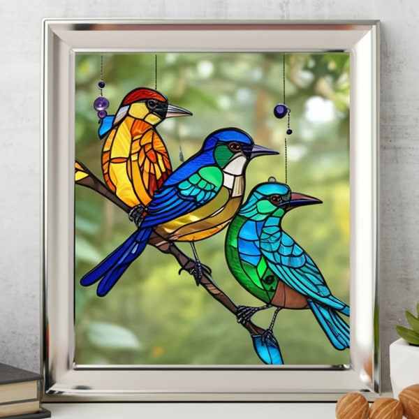 Stained Glass Birds, Stylized art, Broken glass, Moon window, Mythical decor, Handcrafted design, Celestial theme, Spiritual home accent,