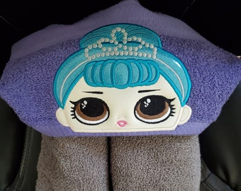 Cute Doll inspired hooded towel with optional Personalization. Choose colors! Princess crown!