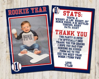 Personalized Rookie Year Baseball theme Thank You with photo. Double sided, 2 sizes available. PRINTED & SHIPPED full service
