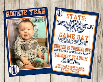 Personalized Rookie of the Year Baseball invitation with photo. Orange Blue Astro Colors. 2-sided, 2 size options. FILE DOWNLOAD You Print!