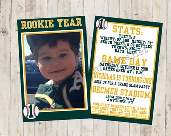 Personalized Rookie Year Baseball theme invitation with photo, Green and Yellow. Double sided, 2 sizes available. PRINTED & SHIPPED service