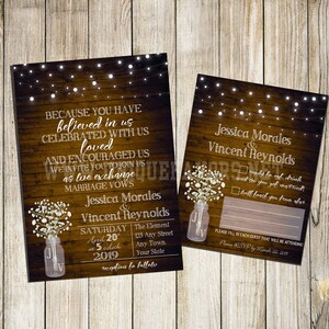 Rustieke aangepaste huwelijksuitnodiging & optionele RSVP-kaart. Alleen digitaal bestand DOWNLOADEN.  5x7 uitnodigen, 4.25x5.5 RSVP Mason Jar Lights