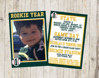 Personalized Rookie of the Year Baseball theme invitation with photo. Green & Yellow. 2-sided, 2 sizes available. FILE DOWNLOAD You Print!