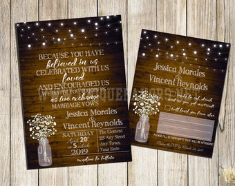 Rustic Custom Wedding Invitation + optional RSVP Card. Printed & SHIPPED service 5x7 invite, 4.25x5.5 RSVP Mason Jar Lights