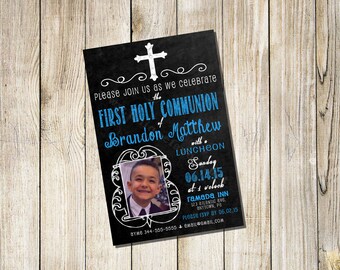 Personalized  Communion Invitations Boy or Girl Chalkboard Style with Photo Printable DIGITAL FILE *You Print