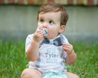 Bowtie Suspenders Onesie Number & Name Birthday Photoshoot Custom Personalized