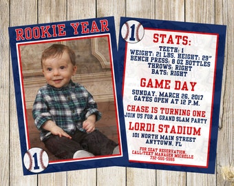 Personalized Rookie Year Baseball theme invitation with photo. Double sided, 2 sizes available. PRINTED & SHIPPED full service