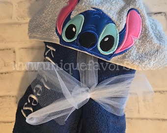 Blue Alien Stitch Inspired Hooded Towels with optional Personalization