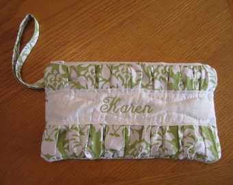 Handmade Pleated Wristlet fully lined with zipper closure includes FREE Monogram or Name