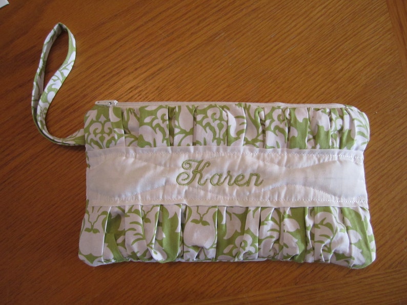 Handmade Pleated Wristlet fully lined with zipper closure includes FREE Monogram or Name image 1