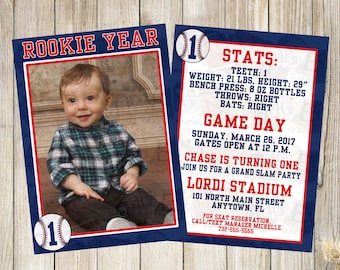 Personalized  Rookie of the Year Baseball theme invitation with photo. Double sided, 2 sizes available. FILE DOWNLOAD only printable.