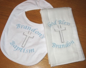Baby Baptism or Christening Gift Personalized Embroidery Bib Burpcloth Customized with Name or Saying or other Occasion Boy or Girl