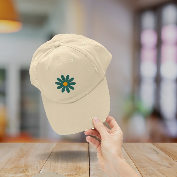 Vintage Washed Out Style Unisex SnapBack Dad Hat with embroidered daisy, Custom text embroidered snap back cap, Personalized gift for her