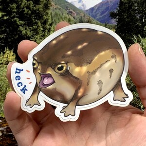 May include: A brown and white frog sticker with a surprised expression and the word "heck" written in blue. The sticker is on a hand.