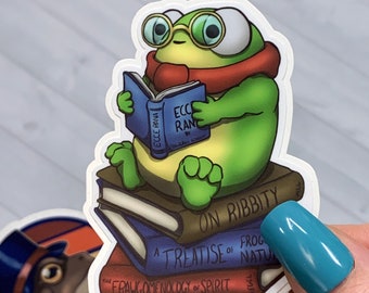 Academic Frog Sticker: Bookworm Vinyl Decal for Laptop, Water Bottle