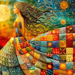 May include: A digital illustration of a figure with long flowing hair wearing a floor-length dress composed of a vibrant patchwork of colorful squares featuring various geometric patterns, sun motifs, and celestial designs against a starry sky.