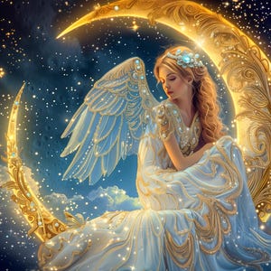 May include: A digital illustration of a celestial figure seated on a golden crescent moon. The figure wears a white and gold gown, adorned with a jeweled headpiece and light blue wings. The background is a starry night sky.
